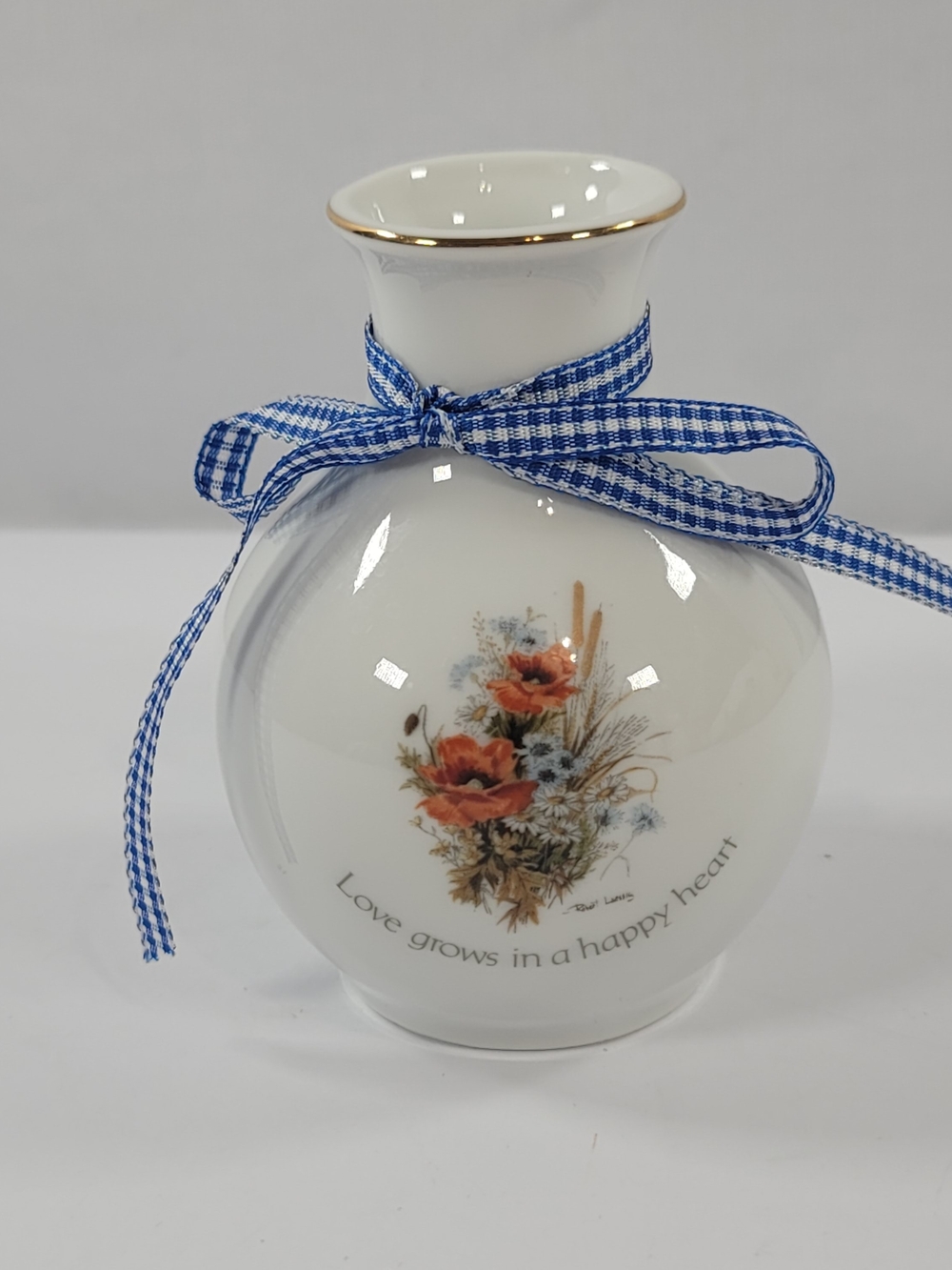 Love Grows In a happy heart Gold Trim Porcelain Bud Vase w/ Floral Poppy Daisy